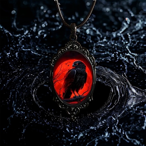 Red Moon Eagle Cameo Necklace Gothic Style Glass Pendent Choker Mystic Witch Jew - Picture 4 of 14